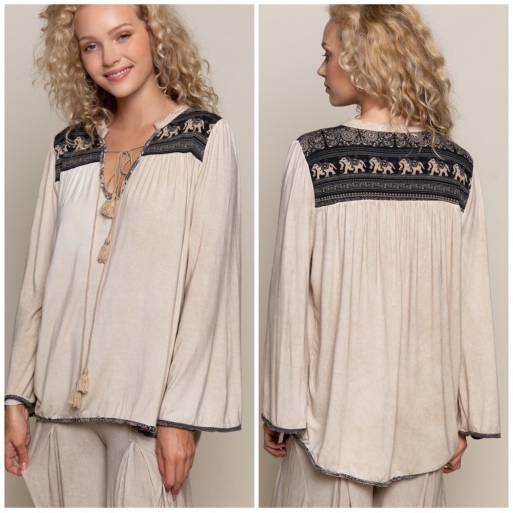 POL Beige and Black Patterned Top